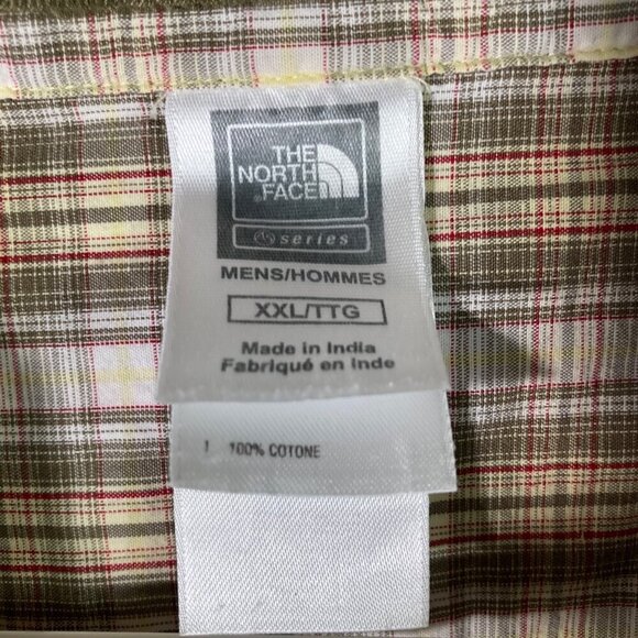 Mens The North Face Short Sleeve Button Plaid Cotton Shirt Tan Green Red 2XL Fla - Picture 4 of 6